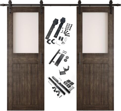 Ebony 48 x 84 in. Sliding Barn Door, Set of 2 Doors, Half Lite Frosted Glass, Assembly Required, with 18 ft Double Door Hardware Kit, Non-Bypass, Interior Use in Saudi Arabia