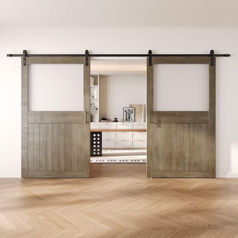 Classic Gray 48 x 84 in. Sliding Barn Door, Set of 2 Doors, Half Lite Frosted Glass, Assembly Required, with 18 ft Double Door Hardware Kit, Non-Bypass, Interior Use in Saudi Arabia