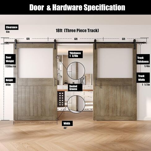 Classic Gray 48 x 84 in. Sliding Barn Door, Set of 2 Doors, Half Lite Frosted Glass, Assembly Required, with 18 ft Double Door Hardware Kit, Non-Bypass, Interior Use in Saudi Arabia