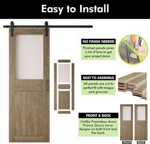 Classic Gray 48 x 84 in. Sliding Barn Door, Set of 2 Doors, Half Lite Frosted Glass, Assembly Required, with 18 ft Double Door Hardware Kit, Non-Bypass, Interior Use in Saudi Arabia