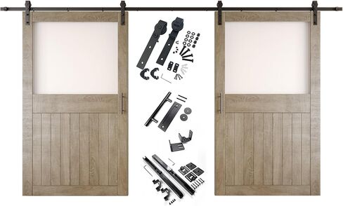 Classic Gray 48 x 84 in. Sliding Barn Door, Set of 2 Doors, Half Lite Frosted Glass, Assembly Required, with 18 ft Double Door Hardware Kit, Non-Bypass, Interior Use in Saudi Arabia