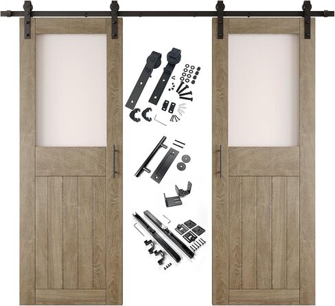 Classic Gray 48 x 84 in. Sliding Barn Door, Set of 2 Doors, Half Lite Frosted Glass, Assembly Required, with 18 ft Double Door Hardware Kit, Non-Bypass, Interior Use in Saudi Arabia