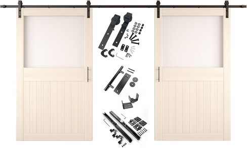 Tinsmith Gray 36 × 84 بوصة. باب الحظيرة المنزلق، مجموعة من بابين، نصف زجاج بلوري خفيف، التجميع مطلوب، مع مجموعة أدوات باب مزدوج بطول 13 قدمًا، غير تجاوز، استخدام داخلي in Kuwait