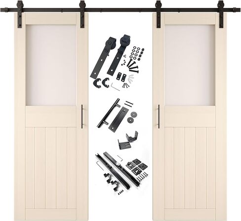 Tinsmith Gray 36 × 84 بوصة. باب الحظيرة المنزلق، مجموعة من بابين، نصف زجاج بلوري خفيف، التجميع مطلوب، مع مجموعة أدوات باب مزدوج بطول 13 قدمًا، غير تجاوز، استخدام داخلي in Saudi Arabia