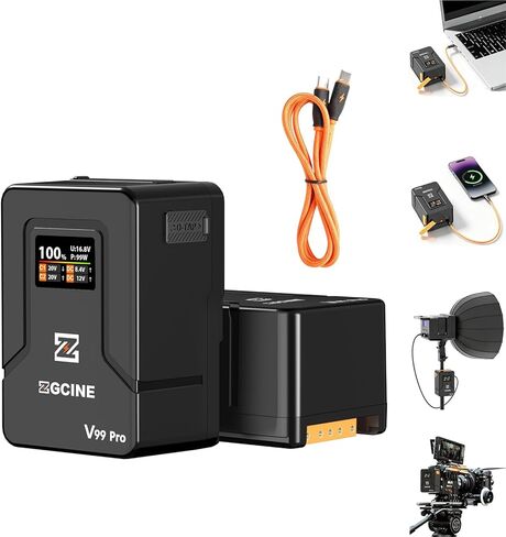 بطارية ZGCINE V99 Pro V Mount، شحن سريع لمدة 1.5 ساعة مع PD، 6400 مللي أمبير 94.72Wh 14.8V، مع شاشة OLED، منافذ BP/USB-C/D-TA/USB-C2، للكاميرا، وكاميرا الفيديو، والهاتف، والشاشة، وإضاءة الفيديو (أسود) in Kuwait