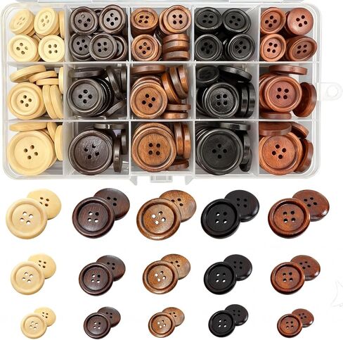 Assorted Wood Buttons for Sewing Crafts, 125Pcs Handmade Mixed Sewing Wooden Buttons with Storage Box for Clothes Sewing, Art DIY Craft in Saudi Arabia