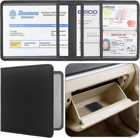 Car Registration and Insurance Holder, Premium Pu Leather Vehicle Glove Box Organizer, Prefect Car Essentials Wallet for Driver License, Cards & Essential Documents (L-Black) in Kuwait