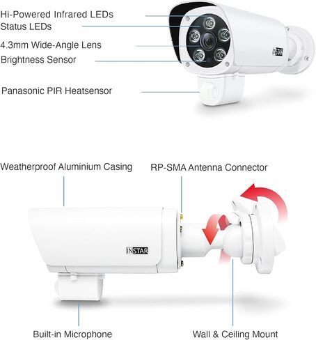 كاميرا مراقبة خارجية INSTAR IN-9808 4K باللون الأبيض، LAN/Wi-Fi/PoE، فيديو آمن من HomeKit، اكتشاف الأشخاص بالذكاء الاصطناعي، رؤية ليلية بالأشعة تحت الحمراء، ميكروفون، صوت، PIR، RTSP، WPA3، MQTT، متوافق مع NDAA/TAA in Kuwait