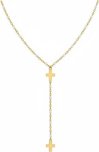 Havopso Dainty Lariat Drop Chain Necklace for Women 18K Gold Plated Stainless Steel Cross Y Shaped Double Heart Star Pearl Long Pendant Necklaces Minimalist Jewelry in Saudi Arabia