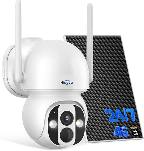 كاميرا Hiseeu 4G LTE الخلوية تعمل بالطاقة الشمسية، لا توجد كاميرا أمان WiFi لاسلكية في الهواء الطلق، 24/7، حركة PIR، حديث ثنائي الاتجاه، 360 درجة PTZ، رؤية ليلية ملونة 2K، 64 جيجا SD وبطاقة SIM متضمنة in Kuwait