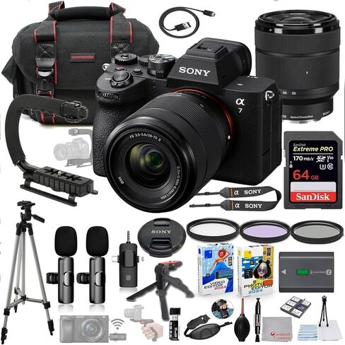 كاميرا Sony a7 V بدون مرآة مع مجموعة عدسات مقاس 28-70 مم + نظام ميكروفون لاسلكي + حزمة ملحقات تتضمن ذاكرة فائقة سعة 64 جيجابايت، وقبضة U، وحقيبة، وحامل ثلاثي القوائم، وبرامج والمزيد (30 عنصرًا) in Kuwait