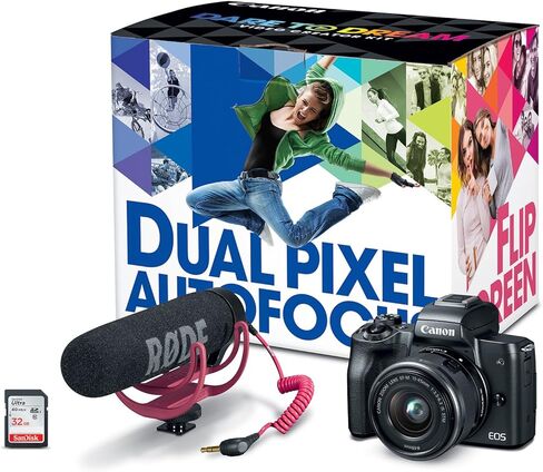Canon EOS M50 Mirrorless Video Creator Kit with EF-M 15-45mm Lens, Rode VIDEOMIC GO Microphone, and Memory Card, Black in Kuwait