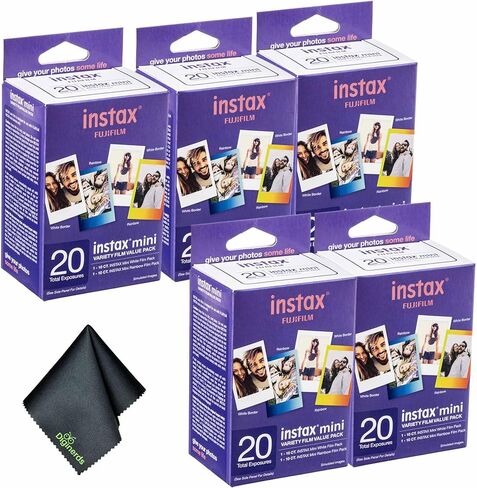 حزمة قيمة متنوعة من الأفلام الفورية FUJIFILM INSTAX MINI (20x5 تعريضات) مع قطعة قماش للتنظيف من الألياف الدقيقة in Kuwait