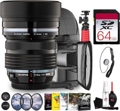 نظام OM 7-14 مم f/2.8 PRO - تكبير سريع للغاية لـ Micro Four Thirds، والمناظر الطبيعية الحادة، والسفر، والهندسة المعمارية، والديكورات الداخلية (V313020BU000) + حقيبة ظهر + برنامج صور + بطاقة 64 جيجابايت + المزيد (حزمة 10 قطع) in Kuwait