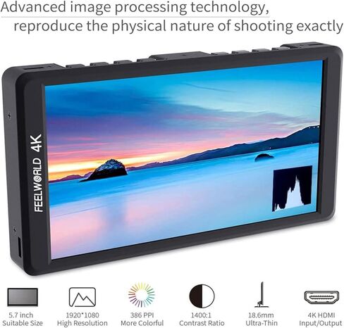 شاشة Feel WORLD F570 مقاس 5.7 بوصة بدقة 4K على الكاميرا مع مدخل/مخرج HDMI IPS Full HD 1920x1080 غطاء من الألومنيوم القوي in Kuwait