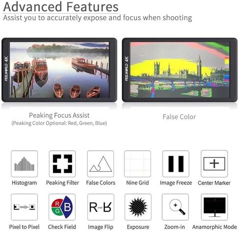 شاشة Feel WORLD F570 مقاس 5.7 بوصة بدقة 4K على الكاميرا مع مدخل/مخرج HDMI IPS Full HD 1920x1080 غطاء من الألومنيوم القوي in Kuwait