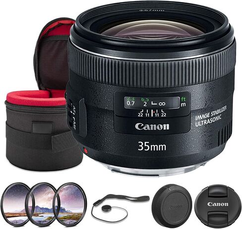 Canon EF 35mm f/2 IS USM Lens Bundle | Wide-Angle Prime with Optical Image Stabilization, Fast Ring-Type USM Autofocus & Bright f/2 Aperture | For Travel & Street Photos (5178B002) + Filter Kit + More in Kuwait