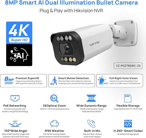 كاميرا POE IP خارجية بدقة 8 ميجابكسل، كاميرا PoE IP Bullet مع اكتشاف الإنسان/المركبة، عدسة 2.7 مم ~ 13.5 مم، تكبير بصري 5X، رؤية ليلية ملونة، محادثة ثنائية الاتجاه وفتحة SD (حتى 256 جيجابايت)، متوافقة مع القزحية الزرقاء in Kuwait