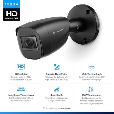 كاميرا أمان خارجية Amcrest Full HD 1080P 1920TVL Bullet (Quadbrid 4in1 HD-CVI/TVI/AHD/تناظرية)، 2 ميجابكسل 1920x1080، رؤية ليلية 98 قدمًا، عدسة 2.8 مم، زاوية عرض 129 درجة، أسود (AMC1081BC28-B-V4) in Kuwait