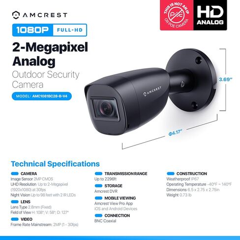 كاميرا أمان خارجية Amcrest Full HD 1080P 1920TVL Bullet (Quadbrid 4in1 HD-CVI/TVI/AHD/تناظرية)، 2 ميجابكسل 1920x1080، رؤية ليلية 98 قدمًا، عدسة 2.8 مم، زاوية عرض 129 درجة، أسود (AMC1081BC28-B-V4) in Kuwait