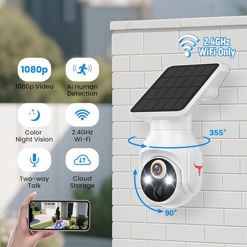 كاميرا أمان WiFi بدقة 1080 بكسل مع لوحة شمسية، تعمل بالبطارية، إمالة عمومية، كشف الحركة بالذكاء الاصطناعي، رؤية ليلية، محادثة ثنائية الاتجاه، IP65، واي فاي 2.4 جيجا هرتز، تخزين سحابي in Kuwait