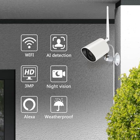 كاميرا Rraycom 2K WiFi Security Cloud للأماكن الخارجية/المنزل، كاميرا IP لاسلكية 3 ميجابكسل (مكون إضافي) مع رؤية ليلية، كشف الحركة، مقاومة للماء IP66، تخزين سحابي، متوافقة مع مساعد Alexa/G-oogle in Kuwait