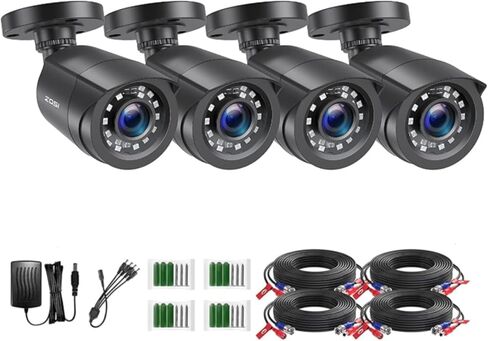 ZOSI 4 Pack 2MP 1080p HD-TVI كاميرا مراقبة منزلية خارجية داخلية 1920TVL، 24 قطعة LED، رؤية ليلية 80 قدمًا، زاوية رؤية 90 درجة، كاميرا مراقبة خارجية مقاومة للطقس CCTV (أسود) in Kuwait
