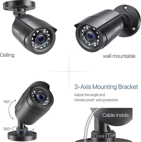 ZOSI 4 Pack 2MP 1080p HD-TVI كاميرا مراقبة منزلية خارجية داخلية 1920TVL، 24 قطعة LED، رؤية ليلية 80 قدمًا، زاوية رؤية 90 درجة، كاميرا مراقبة خارجية مقاومة للطقس CCTV (أسود) in Kuwait