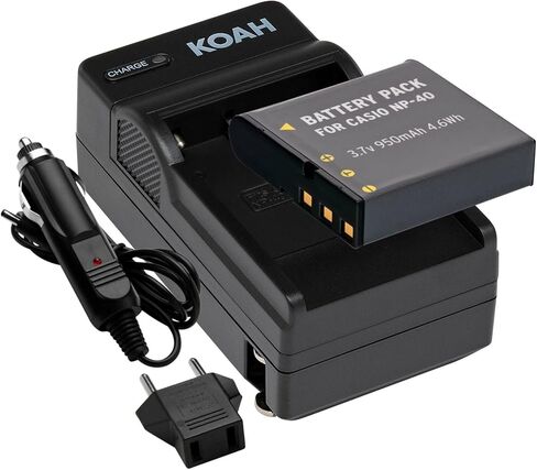 مجموعة شاحن بطارية وبطارية قابلة لإعادة الشحن من Koah لـ Casio NP-40 وKodak LB-060 - بطارية ليثيوم أيون بديلة وشاحن بطارية Casio - تتضمن محول شحن سيارة DC ومحول قابس أوروبي in Kuwait
