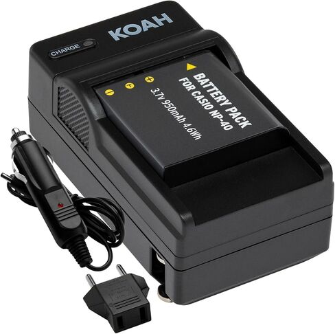 مجموعة شاحن بطارية وبطارية قابلة لإعادة الشحن من Koah لـ Casio NP-40 وKodak LB-060 - بطارية ليثيوم أيون بديلة وشاحن بطارية Casio - تتضمن محول شحن سيارة DC ومحول قابس أوروبي in Kuwait