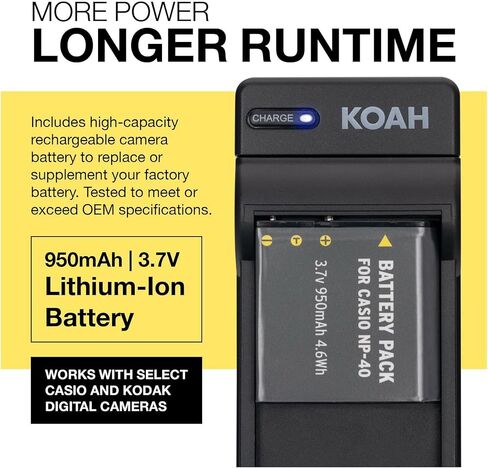 مجموعة شاحن بطارية وبطارية قابلة لإعادة الشحن من Koah لـ Casio NP-40 وKodak LB-060 - بطارية ليثيوم أيون بديلة وشاحن بطارية Casio - تتضمن محول شحن سيارة DC ومحول قابس أوروبي in Kuwait