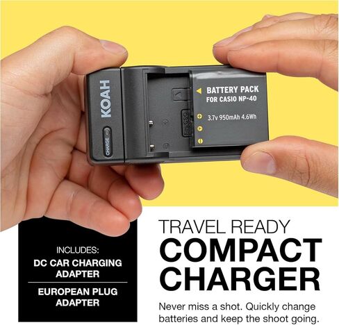 مجموعة شاحن بطارية وبطارية قابلة لإعادة الشحن من Koah لـ Casio NP-40 وKodak LB-060 - بطارية ليثيوم أيون بديلة وشاحن بطارية Casio - تتضمن محول شحن سيارة DC ومحول قابس أوروبي in Kuwait
