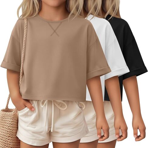 3 Pack Girls Oversized Crop Tops Short Sleeve T Shirts Crewneck Casual Basic Kids Rolled Sleeve Tees Summer in Saudi Arabia