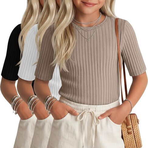3 Pack Girls Half Sleeve Shirts Ribbed Knit Tops Slim Fit Crewneck Basic Tee Kids Short Sleeve T Shirts in Saudi Arabia