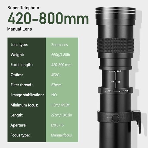 عدسة تكبير تليفوتوغرافي يدوية 420-800 مم f/8.3 لكاميرات Canon وNikon وSony و3 عدسات Telephoto لكاميرات Canon EF وNikon F وSony E-Mount، تناسب EOS Rebel T7 وD3500 وA7IV A6400 (Blacka) in Kuwait