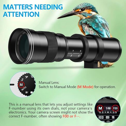 عدسة تكبير تليفوتوغرافي يدوية 420-800 مم f/8.3 لكاميرات Canon وNikon وSony و3 عدسات Telephoto لكاميرات Canon EF وNikon F وSony E-Mount، تناسب EOS Rebel T7 وD3500 وA7IV A6400 (Blacka) in Kuwait