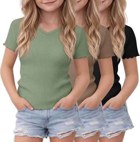 3 Pack Girls Ribbed Shirts Short Sleeve V Neck Slim Fit Kids Lettuce Trim Tops Comfy Cute Basic Tees Summer Youth in Saudi Arabia