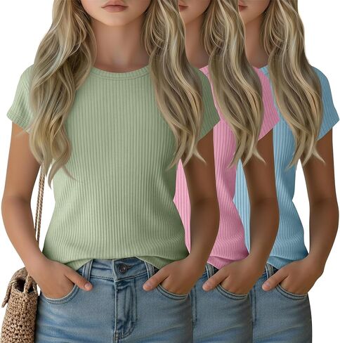 3 Pack Girls T-Shirts Short Sleeve Soft Ribbed Tops Slim Fit Summer Crewneck Athletic Basic Tee Stretchy 5-14 Years in Saudi Arabia