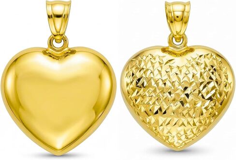 Italian 14K Solid Gold Puffed Heart Pendant for Women - Diamond Cut Real 14K Yellow Gold Textured High-Shine Reversible Heart Charm (20mm-30mm) in Saudi Arabia