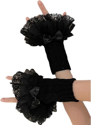 Women' s Arm Warmers White Cute Y2K Lolita Arm Sleeve for Girls Lace Bow Trim Knit Grunge Fingerless Gloves in Saudi Arabia