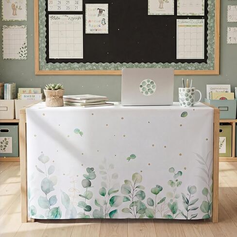 Table Skirt Sage Green Teacher Desk Skirt for Classroom Desk Rectangle Tables Eucalyptus Leaf Decoration with Adhesive Strip for Back to School Bookcase Cabinet Decoration(30 Inches X 9 ft) in Saudi Arabia