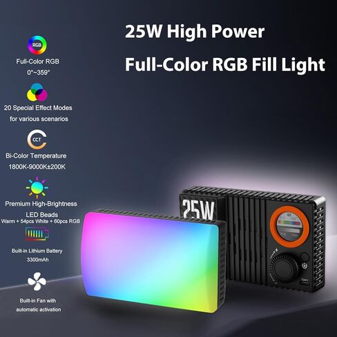 LICAEVEY 25W RGB Video Light، 168 LED CRI95+ 1800K-9000K 3300mAh ضوء ملء قابل لإعادة الشحن، كاميرا محمولة لمدونات الفيديو، التصوير الفوتوغرافي، البث المباشر، شاشة LCD، K25RGB in Kuwait