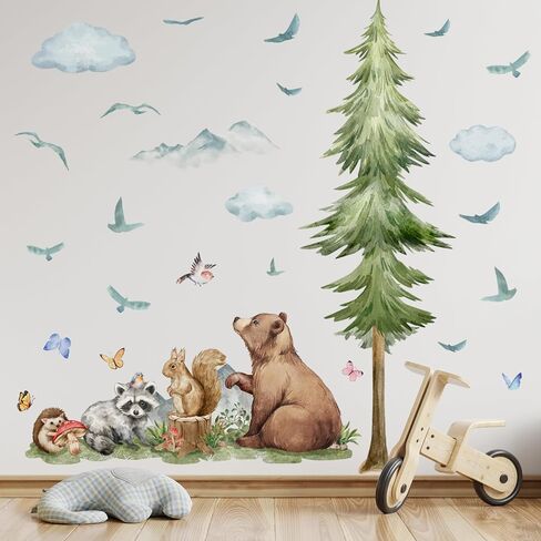3D Cartoon Natural Wildlife Animals Wall Decal, Removable Watercolor Green Tree Wall Sticker, Peel and Stick Bear Fox Wall Decor for Nursery, Kids Bedroom Living Room Background Decoration (A) in Saudi Arabia