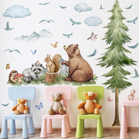 3D Cartoon Natural Wildlife Animals Wall Decal, Removable Watercolor Green Tree Wall Sticker, Peel and Stick Bear Fox Wall Decor for Nursery, Kids Bedroom Living Room Background Decoration (A) in Saudi Arabia