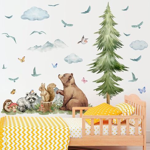 3D Cartoon Natural Wildlife Animals Wall Decal, Removable Watercolor Green Tree Wall Sticker, Peel and Stick Bear Fox Wall Decor for Nursery, Kids Bedroom Living Room Background Decoration (A) in Saudi Arabia