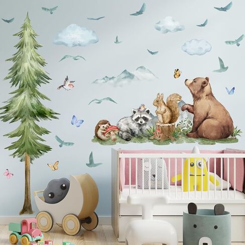 3D Cartoon Natural Wildlife Animals Wall Decal, Removable Watercolor Green Tree Wall Sticker, Peel and Stick Bear Fox Wall Decor for Nursery, Kids Bedroom Living Room Background Decoration (A) in Saudi Arabia