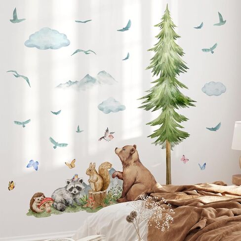 3D Cartoon Natural Wildlife Animals Wall Decal, Removable Watercolor Green Tree Wall Sticker, Peel and Stick Bear Fox Wall Decor for Nursery, Kids Bedroom Living Room Background Decoration (A) in Saudi Arabia