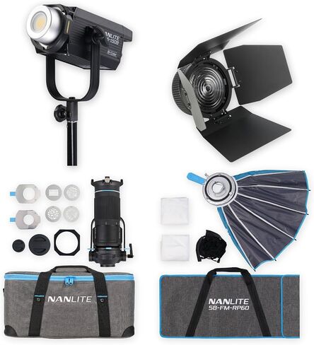 حزمة أضواء كشاف استوديو ثنائية اللون من Nanlite FS-150B مع ملحق عرض مثبت على حامل 18-36 FM، وصندوق Softbox Nanlite Rapid 60 FM، وعدسة فريسنل FL-11 in Kuwait
