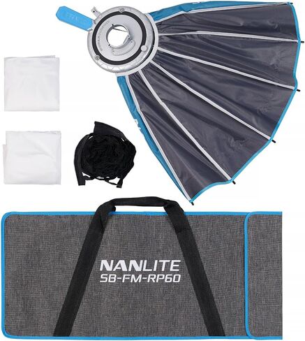 حزمة أضواء كشاف استوديو ثنائية اللون من Nanlite FS-150B مع ملحق عرض مثبت على حامل 18-36 FM، وصندوق Softbox Nanlite Rapid 60 FM، وعدسة فريسنل FL-11 in Kuwait