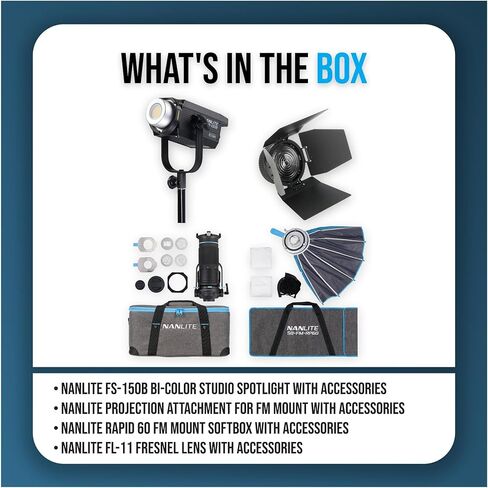 حزمة أضواء كشاف استوديو ثنائية اللون من Nanlite FS-150B مع ملحق عرض مثبت على حامل 18-36 FM، وصندوق Softbox Nanlite Rapid 60 FM، وعدسة فريسنل FL-11 in Kuwait